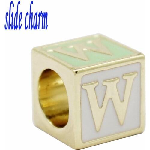 Slide charm New zinc alloy popular jewelry geometric square painted letters W charm beads fit Pandora bracelets