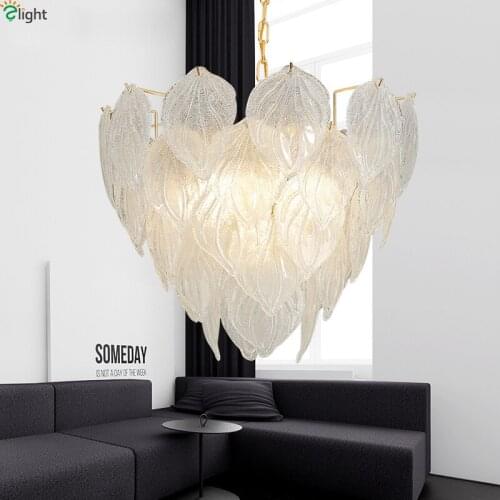 Modern Glass Leaf Led Chandeliers Lighting Gold Metal Living Room Led Pendant Chandelier Lights Bedroom Hanging Lights Fixtures