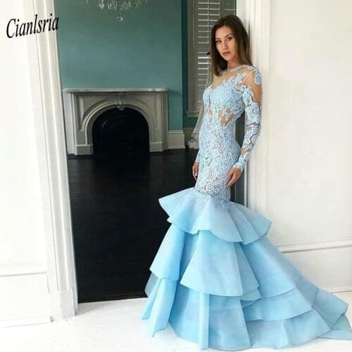Light Blue O-Neck Open Back Long Lace Mermaid Evening Dress Long Sleeves Appliques Tiered Skirt Formal Evening Party Dresses