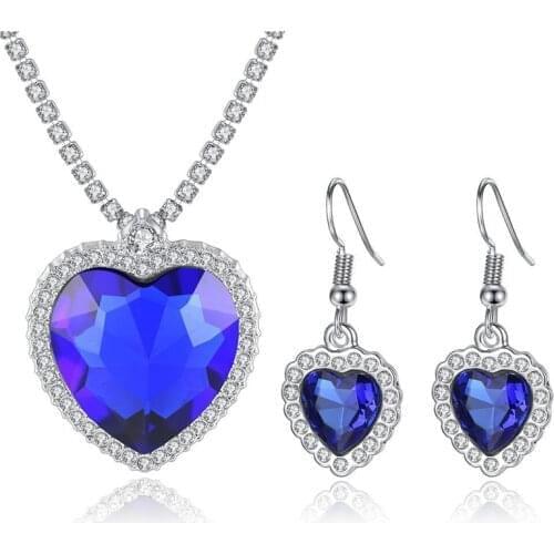 Trendy Heart Shape Setting Crystal Necklace Earrings Silver Color Copper Material Party Jewelry Sets for Women