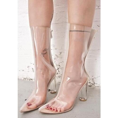 Zapatos mujer high heel Spring Autumn boots with pointed toe mid-calf clear heels perspex details ladies transparent boots shoes