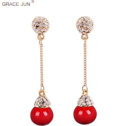 GRACE JUN New Rhinestone Simulated Pearl Gold Color Long Chain Tassel Clip on Earrings No Pierced and Pierced Earrings for Women