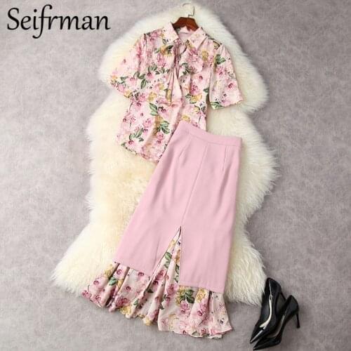 Seifrmann New 2021 Summer Women Fashion Runway Skirts Set Short Sleeve Bow Loose Blouses + High Waist Patchwork Skirts Suits