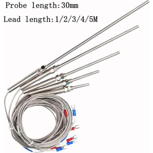 1Pcs K Type Thermocouple Probe 30mm Lead length 1 2 3 4 5 Meter Stainless Steel Thermocouple 0-400℃ Temperature Sensor