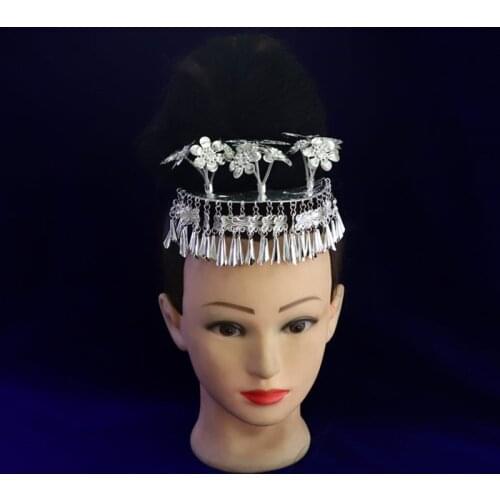 Alloy silver color hairpins miao clothing accessories chinese minority head flower nationality dance miao hair stick