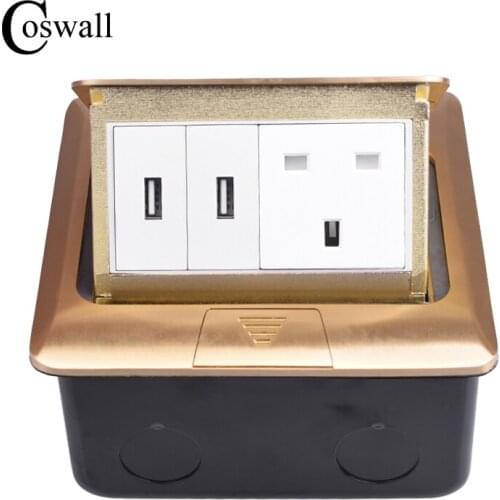 Coswall Pure Copper Gold Panel Pop Up Floor Socket 13A UK British Standard Power Outlet With Dual USB Charge Port Metal Box