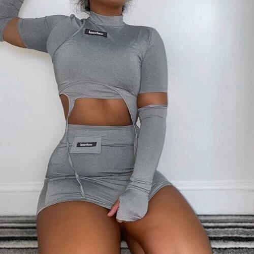 Imcute Autumn Sexy Two Piece Set Mini Skirt and Hollow Crop Tops with Gloves Fall 2020 Women Clothing Club Outfits Matching Sets