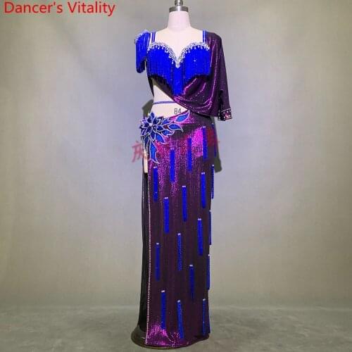 Customized Belly Dance Performance Costume Bra Single Sleeve Tassel Robe Set Opening Dance Oriental Indian Drum Dance Stage Wear
