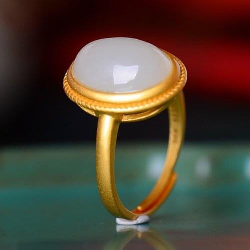 Natural Xinjiang Hetian Jade Ring Ancient Silver Inlaid Hetian Jade Egg Face Ring Adjustable Female Ring