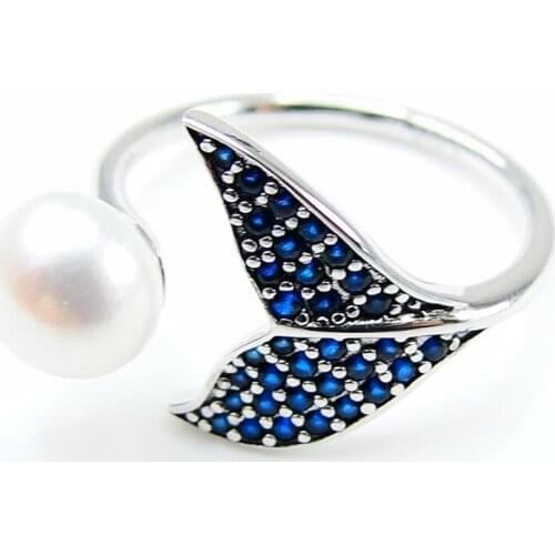 Hot Selling 925 Sterling Silver Sapphire Blue CZ & Freshwater Pearl Whale Tail Ring Engagment Wedding Ring For Gift