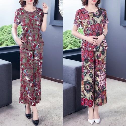 Elegant Fashion Womens Sets Middle-aged Lady Summer Suits Cotton Silk Short Sleeve T-shirt & Wide Leg Pants 2 Pcs Sets 4XL K375