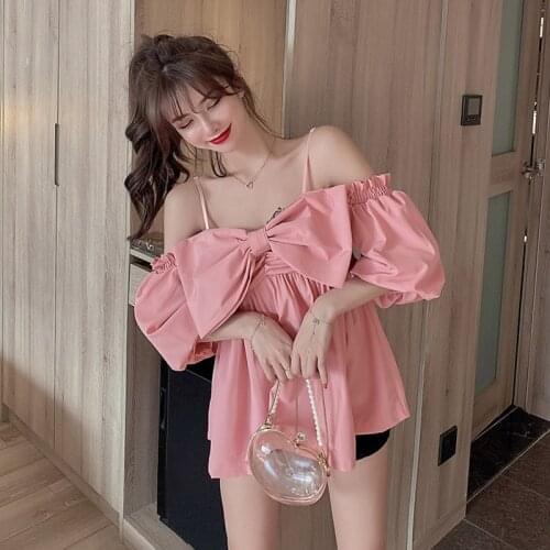 2021 Cute Bow Shirt Female Korean Fashion Sexy One-Word Neck Solid Color Chiffon Blouse Summer New Puff Sleeve Sling Top T Shirt