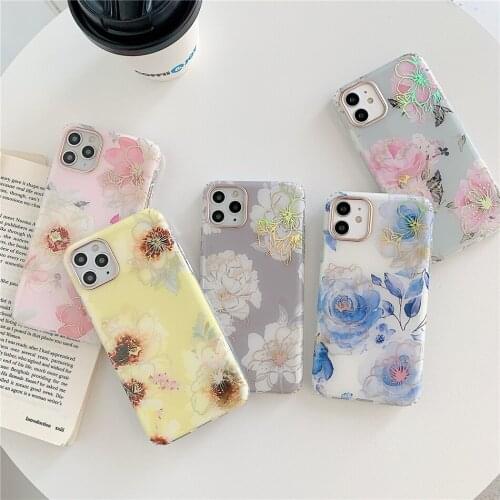 Cute Glossy Flower Rose Leaves Phone Case For iPhone 12 Mini 11 Pro XS MAX X XR SE 2020 7 8 Plus Floral Hard Silicone Back Cover