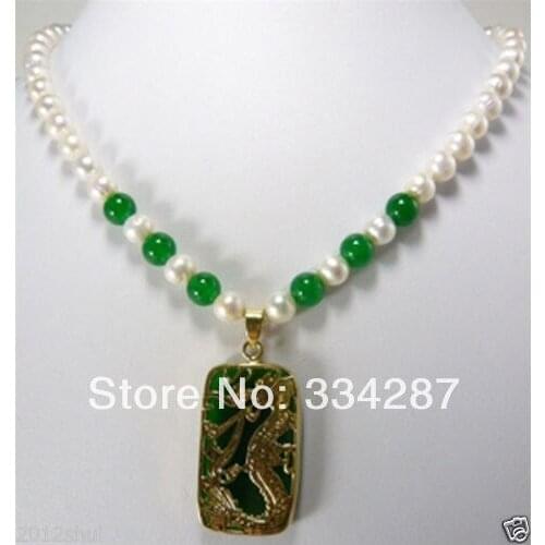 Fancy necklace ___white FW pearl and green jade pendant necklace 18"