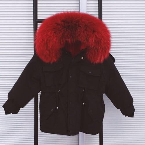 2019 New Boy Girls Real Fur Parkas Winter Kids Jacket Natural Raccoon Fur Hooded Coat Detachable Rex Rabbit Fur Liner Plus Size