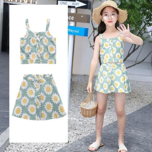 2021 New Fashion Summer Teens Children Clothing Sets Toddler Girls Clothes Floral Top+Skirts 2pcs Outfits Suit Kids Clothes