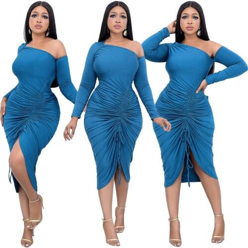 Long sleeve drawstring tight dress women one shoulder long dress asymmetric autumn winter clubwear