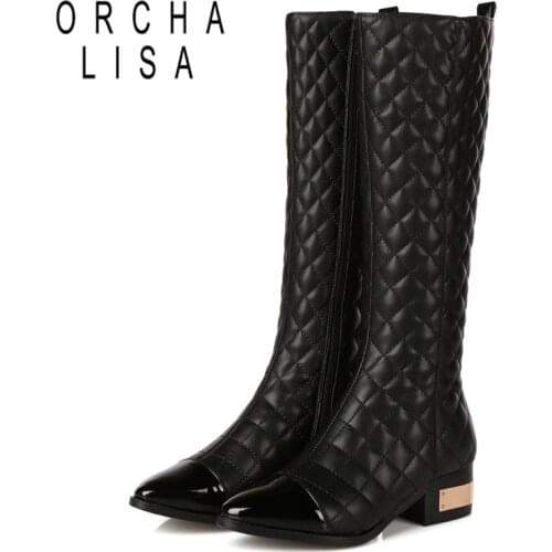 ORCHA LISA Top Quality Genuine leather Low square heel Shoes women Lady knee high boots Winter long Boots botas Mujer QA2280