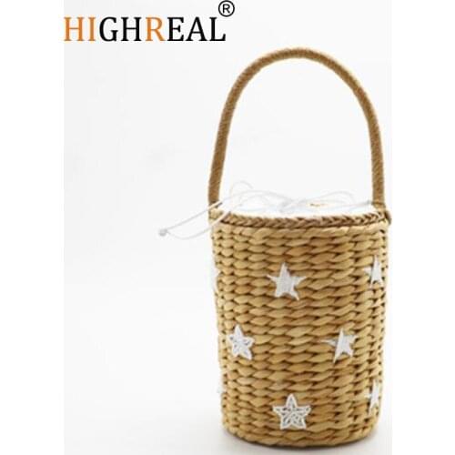 Hot Sales Handmade Cute Bucket Bag Straw Bags Beach Bags Bucket Holiday Braided Bags for Girls Bohemian Girls Woven Handbag