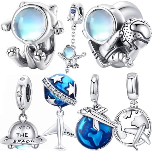 Space series 925 sterling silver airplane necklace pendant enamel charm fit bracelet beads women fashion jewelry making gift DIY