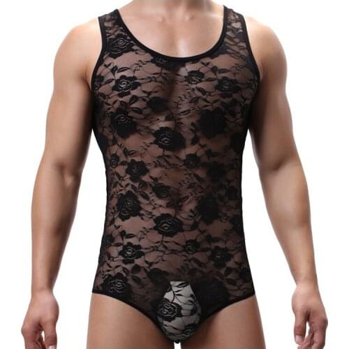 Mens Undershirts Leotard Sexy Mesh Lace Transparent Bodysuit Thongs Wrestling Singlet Jumpsuit Seamless Gay Underwear Rompers
