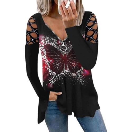 Women Loose Blouse Rhinestone Butterflies Print Zipper Hollow Out Spring Autumn V Neck Long Sleeve Ladies Casual Top