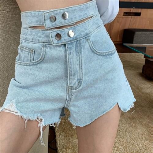 Hollow Out High Waist Buttons Wide Leg Womens Denim Shorts With Pockets Tassel Female Casual Summer Shorts Jeans For Women