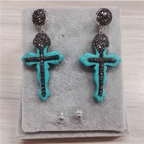 Boho Trendy Vintage Style Natural Beige Blue Pattern Stone Cross Charms Pendant CZ Ball Connectors Long Dangle Earring For Women