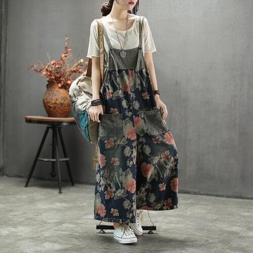 Spring Summer Jumpsuit Large Size Loose Casual Rompers 2021 New Ladies Retro Print Flower Pocket Denim Overalls Spaghetti Strap