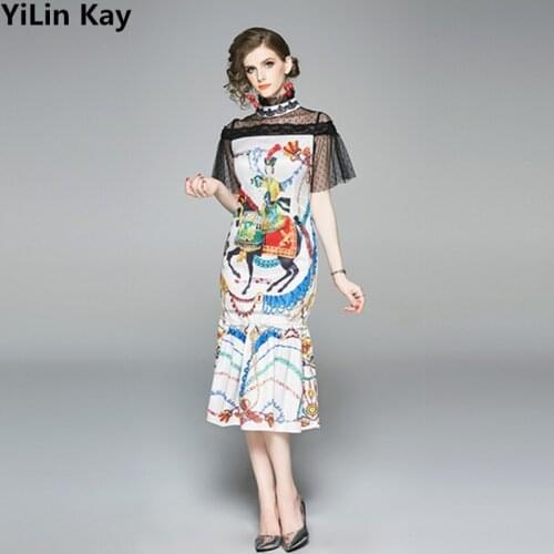 2019 High Quality Fashion Runway Designer Printed Dress Printed fishtail dress Stand collar lace patchwork dress