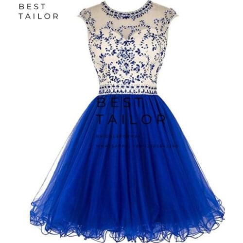 Royal Blue Prom Dresses 2021 Tulle Short Beaded Sexy Sheer Neck Keyhole Back Graduate vestido de fiesta largos noche robe soiree