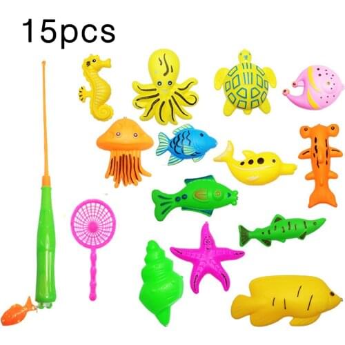 15Pcs Set Plastic Magnetic Fishing Toys Baby Bath Toy Fishing Game 1 Poles 1 Nets 13 Magnet Fish Kids Indoor Outdoor Fishing Toy