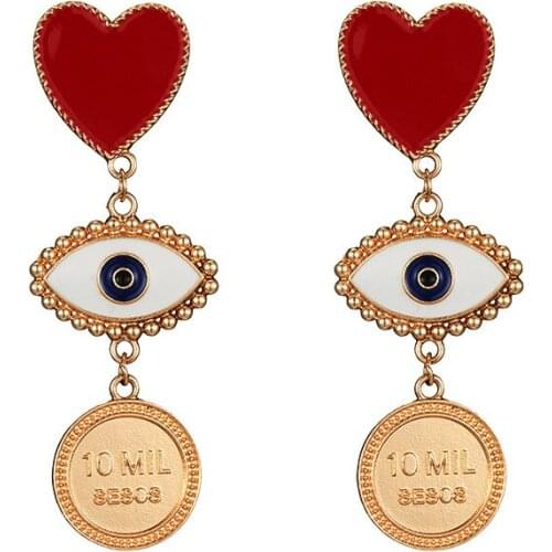 2021 New Fashion Red Heart Evil Eye Coin Drop Earrings For Women Ladys Chic Vintage Exaggerate Statement Earring Gold Earring