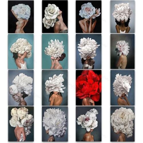 Flowers Woman Abstract Wall Art Canvas Painting Fashion Nordic Posters and Prints Modern Girl Bedroom Decoration Wall Decor