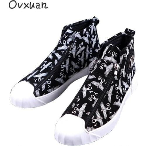OVXUAN Street Style Botas White Eagle Print Leather Zipper Basic Walking Flat Boots Mens Casual Designer Shoes Increase Booties