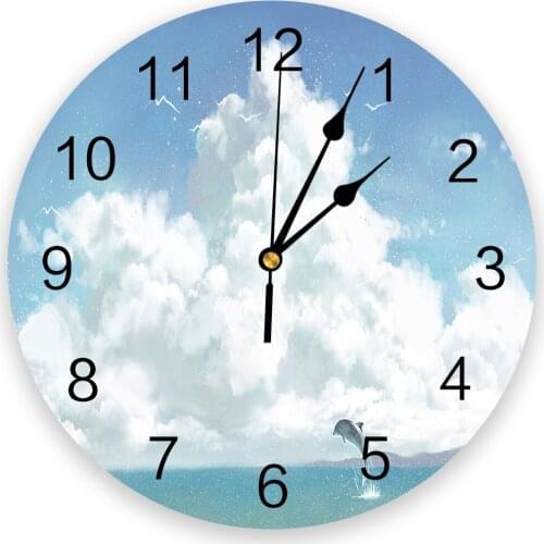 Dolphin Jumping White Cloud Silent Decorative Wall Clock Digital Clock Operated Round Home Office School Clocks