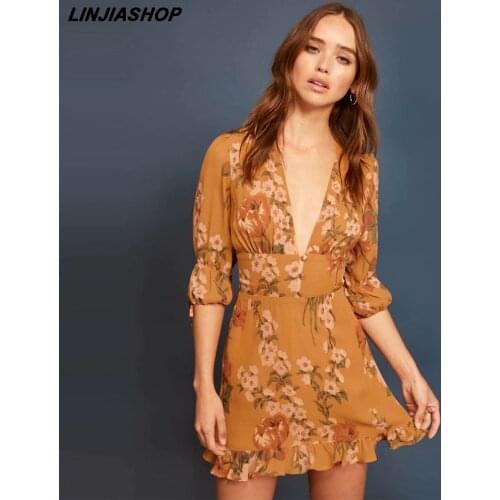 Elegant bohemian Women Dress A-Line Print Half Sleeve V Neck High Waist Vocation Beach Mini Dress Bloggers New Arrivals 2019