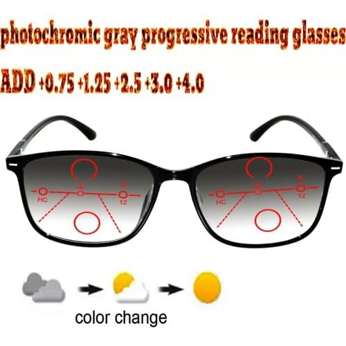 Photochromic Gray Progressive Multifocal Reading Glasses Men Woem Ultralight Black Frame+1.0 +1.5 +1.75 +2.0 +2.5 +3 +3.5 +4