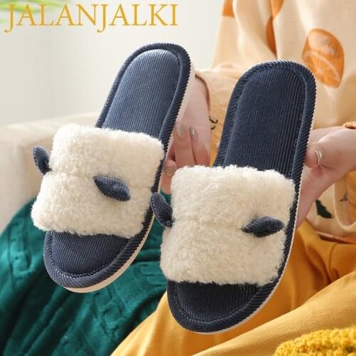 JALANJALKI Winter Women Home Slippers Warm Plush Cotton Cat Ear Design Lovely Femal Indoor Shoes Non-slip Ladies Indoor Slides