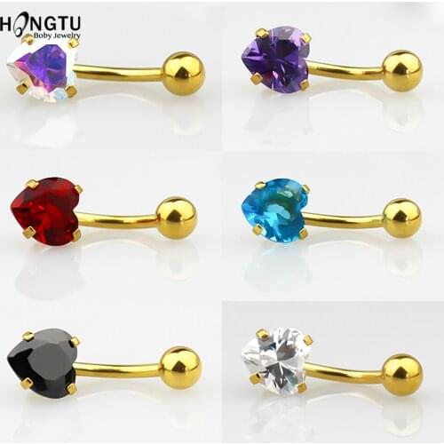 HONGTU 1PC Heart Zircon Belly Button Rings Belly Bar Navel Piercing Jewelry Hot Summer Women Jewelry Crystal Belly Nombril 14G