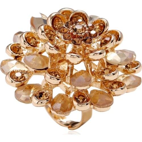 Luxury Bohemian Gold Metal Crystal Statement Jewelry Rings For Women Bridal Big Flower Adjustable Finger Ring New Year Gift