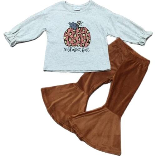 Girlymax Fall/Winter Baby Girls Top Ruffles Bell-bottoms Pumpkin Boutique Outfits Velvet Pants Set Kids Clothing