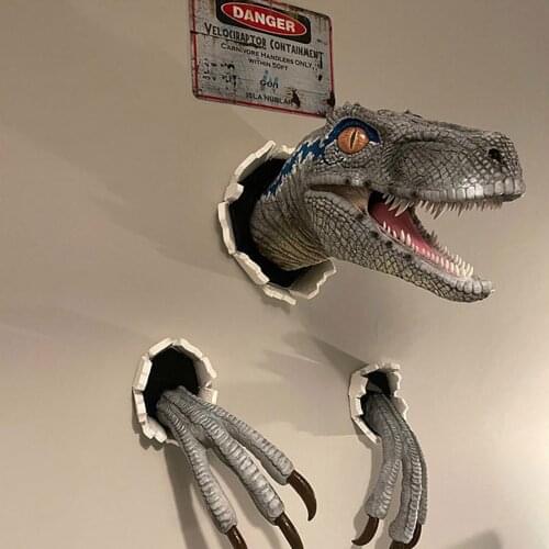 Wall Mounted Dinosaur Sculpture Wall Art Life-like Wall Bursting Dinosaur Bust Hanging Prop Replica Resin Wall Hanging Ornament