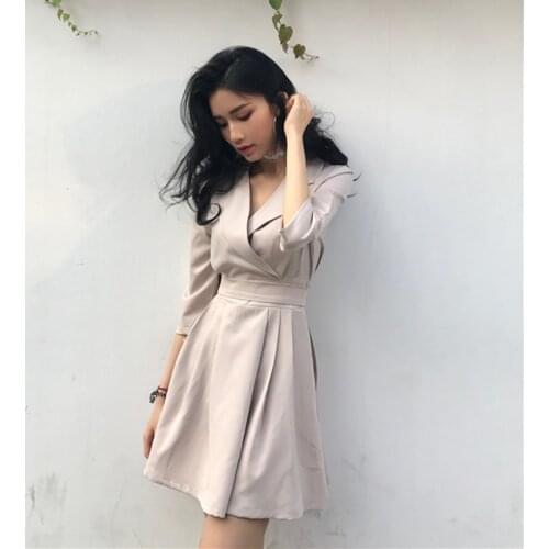 Vintage Women Solid Dress Chic High Waist Three Quarter Sleeve Office Ladies Dress Fashion Casual V-Neck A-Line Lace Up Dress
