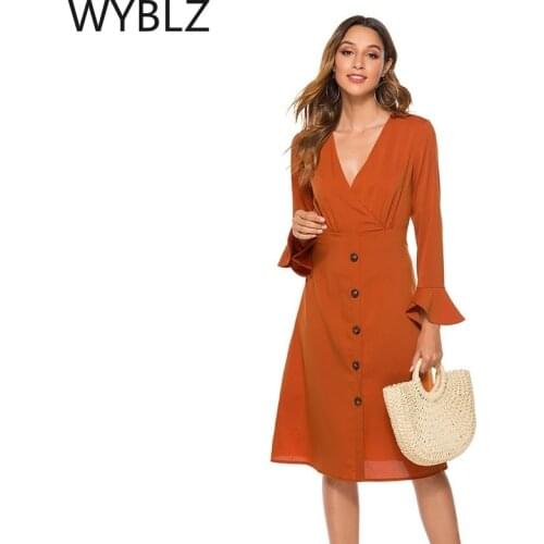 WYBLZ Autumn Dress Women Flare Sleeves Dress Chic Orange Green Burgundy V Neck Button Office Dress Elegant Daily Dating Dress