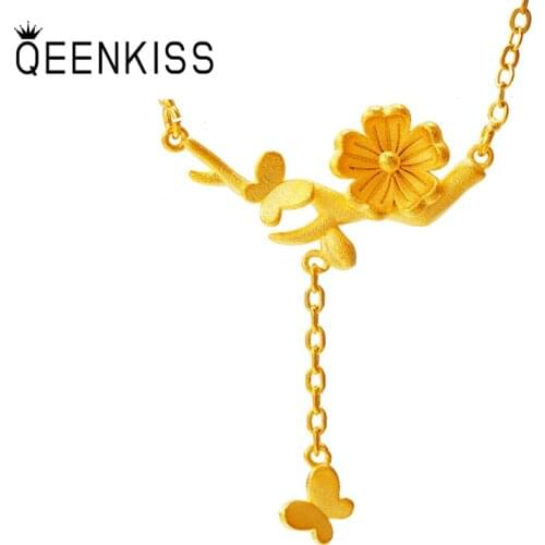 QEENKISS NC5148 Fine Jewelry Wholesale Fashion Woman Girl Bride Birthday Wedding Gift Vintage Flower 24KT Gold Pendant Necklace