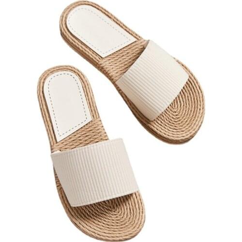 New Women Slippers Female Casual Flax Slides Linen One Word Belt Ladies Sandals Flip Flops Female Summer Indoor Home Shoes hy435