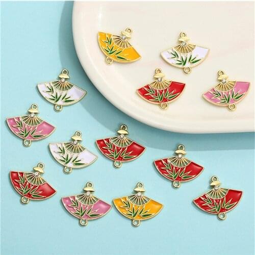 Julie Wang 5PCS Enamel Folding Fan Charms Alloy Mixed Colors Chinese Painting Bamboo Pendant Bracelet Jewelry Making Accessory
