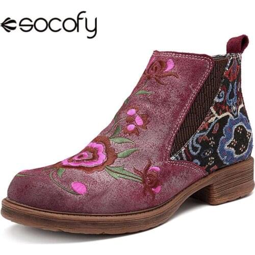 Socofy Vintage Embroidery Flower Ankle Boots Women Shoes Woman Genuine Leather Splicing Zipper Casual Women Boots Botas Mujer