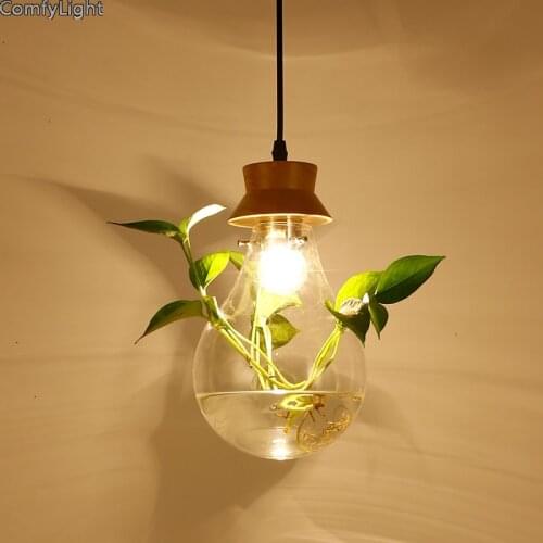 Glass potted pendant light Plant grow Pendant Lamps wood Retro Lustres Hanging Fixtures led flower luminaire suspendu Home Decor